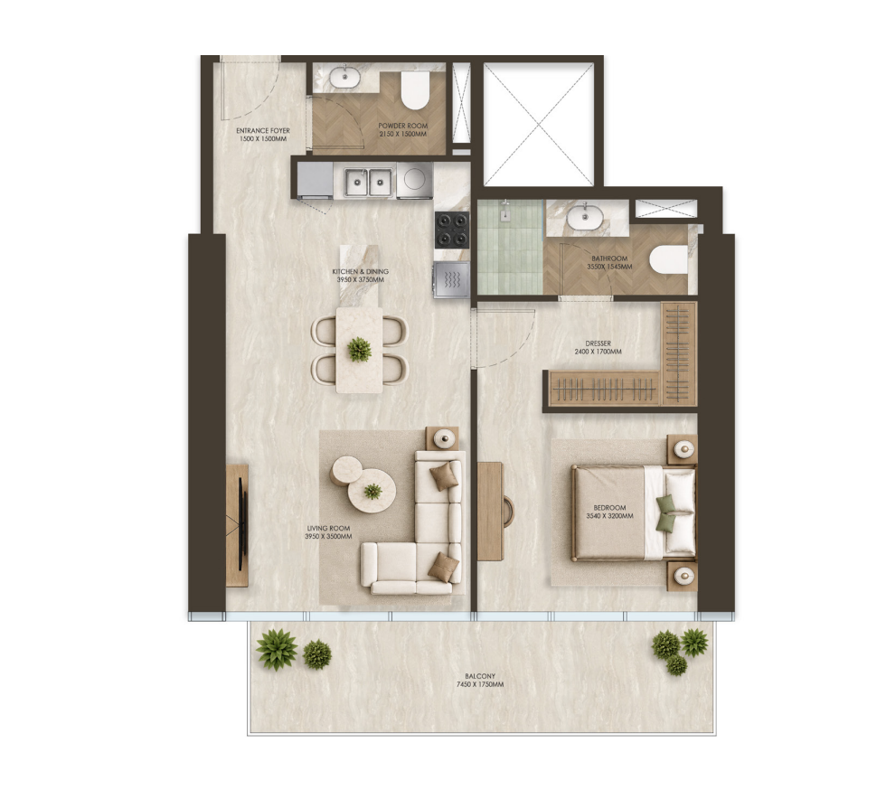 חדר שינה אחד — Type 01 · 56.5 m² ONE PENINSULA Batumi by HOLM Developments — floor plan of a 1-bedroom apartment with living room, open kitchen and large balcony
