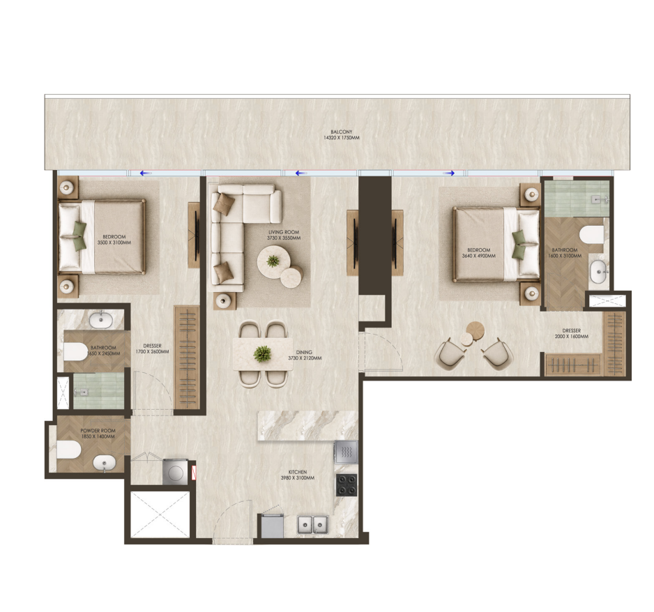 2 חדרי שינה — Type 01 · 91.54 m² ONE PENINSULA Batumi by HOLM Developments — floor plan of a 2-bedroom apartment with living room, dining area, kitchen and panoramic balcony