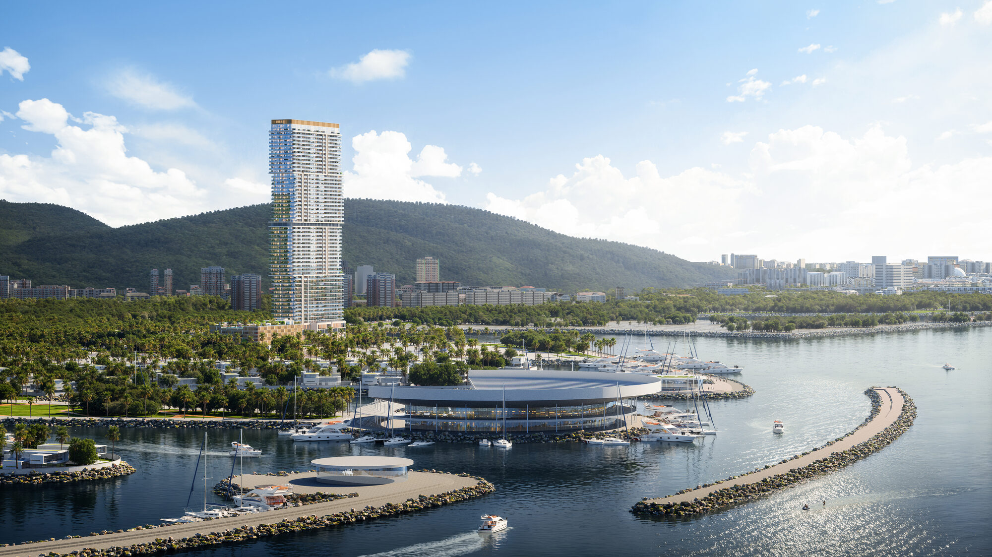המגדל מעל מרינת היאכטות ONE PENINSULA Batumi by HOLM Developments — the residential tower above the yacht marina with the Caucasus mountains behind Batumi