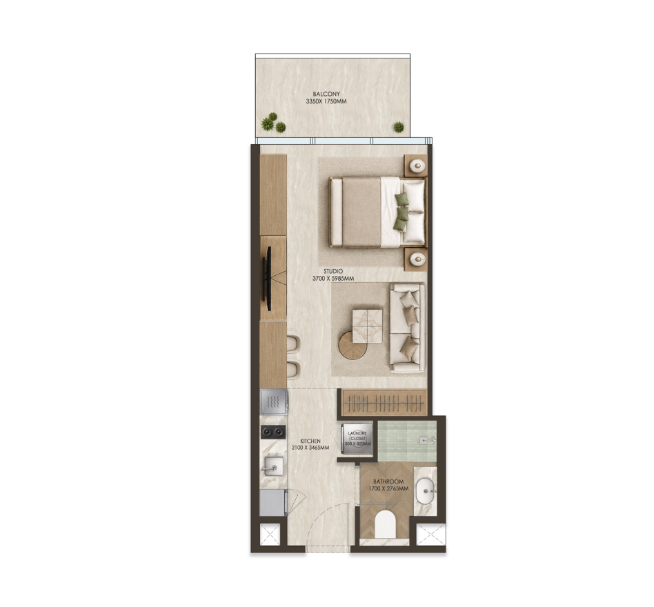 סטודיו — Type T1A · 39 m² (426 sq ft) ONE PENINSULA Batumi by HOLM Developments — floor plan of a furnished studio apartment with balcony, kitchen and bathroom