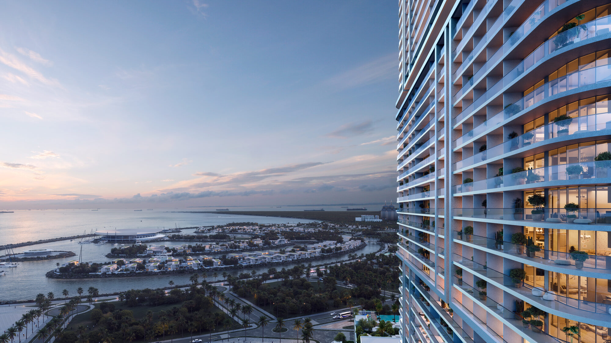 חזית מרפסות מעוקלות ONE PENINSULA Batumi by HOLM Developments — curved balcony facade of the residences with a panoramic view over the marina