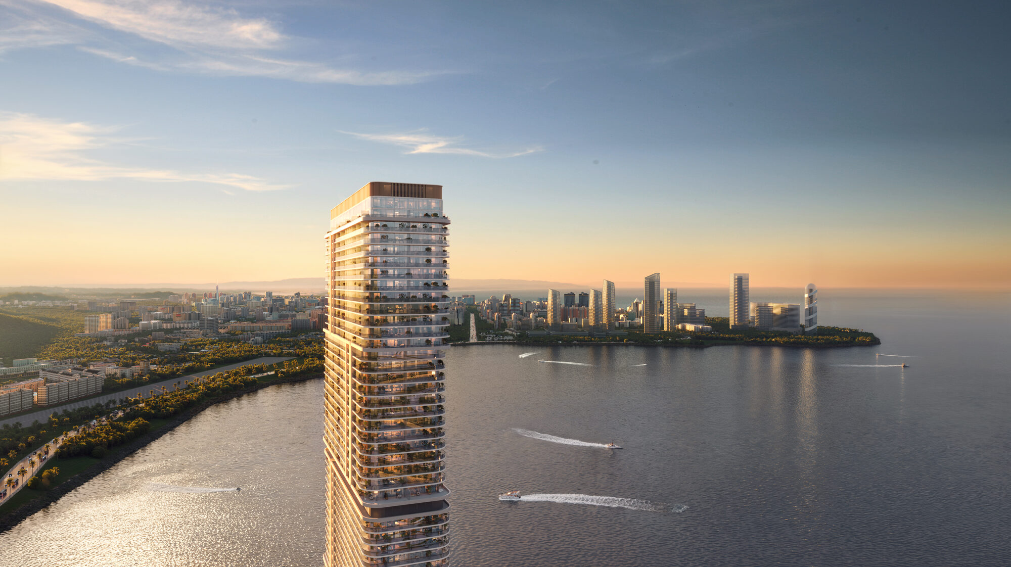 המגדל מהים בשקיעה ONE PENINSULA Batumi by HOLM Developments — the tower at sunset seen from the Black Sea with the Batumi coastline in the distance