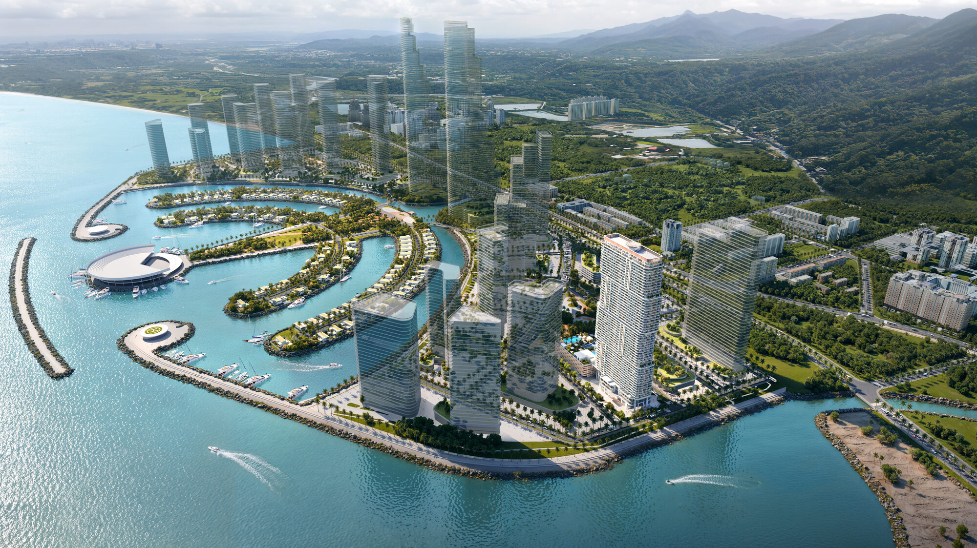 תוכנית האב והמרינה של האי אמבסדורי ONE PENINSULA Batumi by HOLM Developments — aerial view of Ambassadori Island, its marina, lagoon and beachfront towers in Batumi