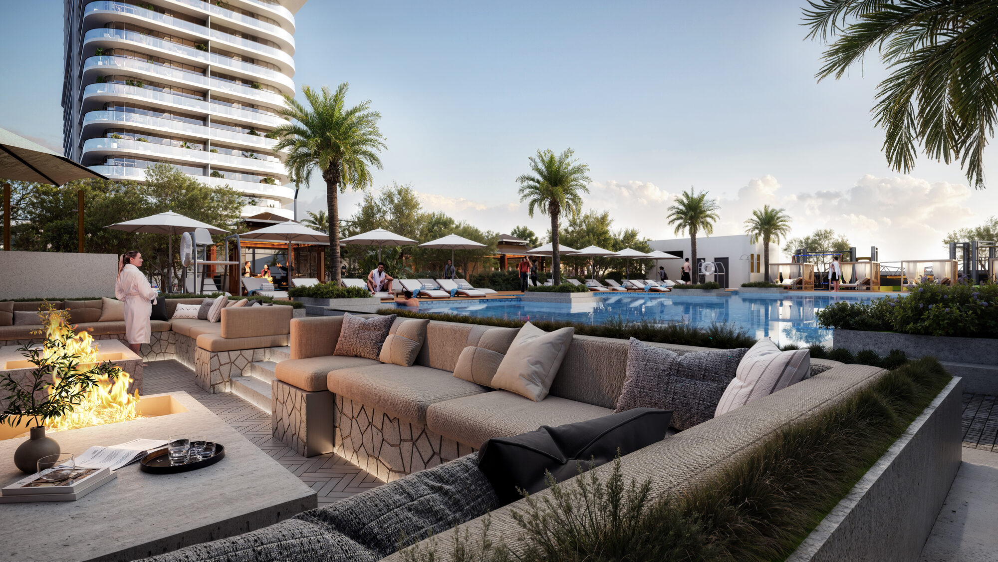 טרסת לאונג' הבריכה ONE PENINSULA Batumi by HOLM Developments — outdoor pool lounge terrace with palm trees and sun beds at the foot of the residences