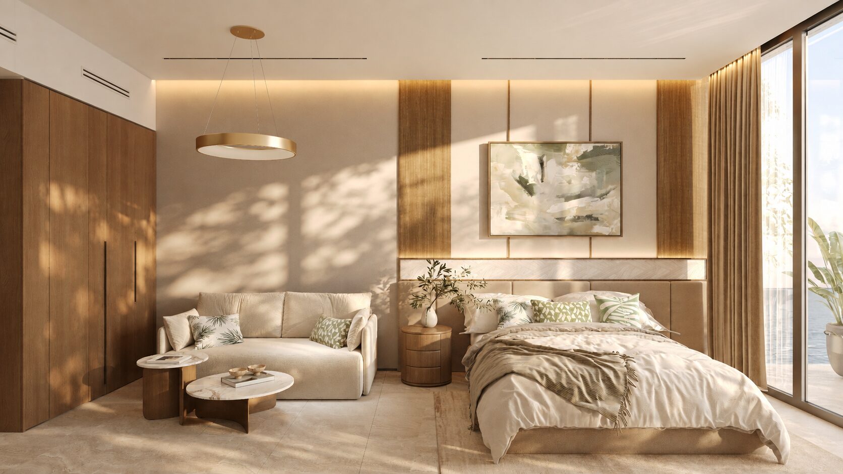 סוויטת חדר השינה ONE PENINSULA Batumi by HOLM Developments — bedroom suite of a furnished apartment with natural light and a lounge corner