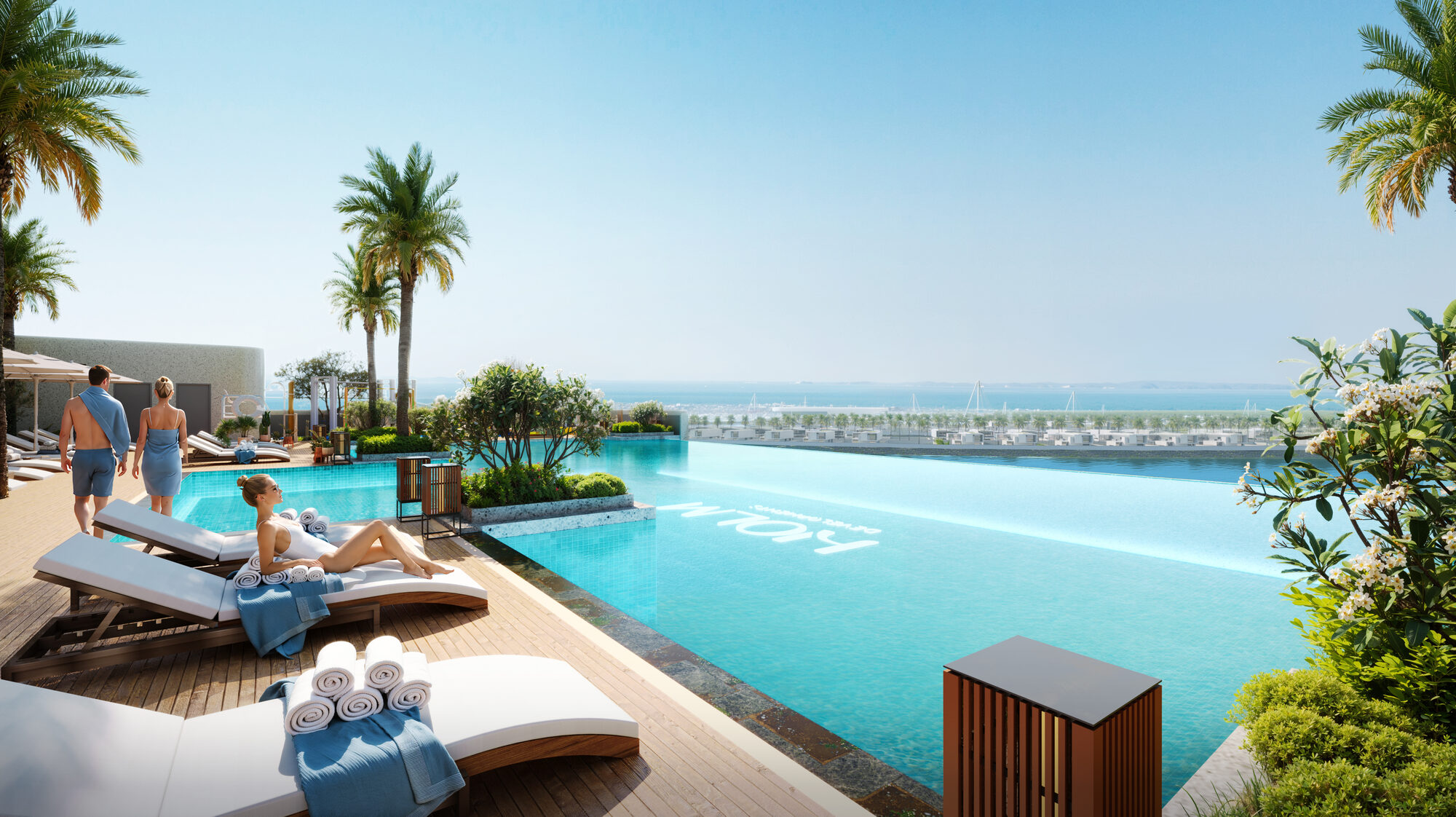 בריכת אינפיניטי מול הים ONE PENINSULA Batumi by HOLM Developments — infinity pool facing the Black Sea with sun loungers and palm trees