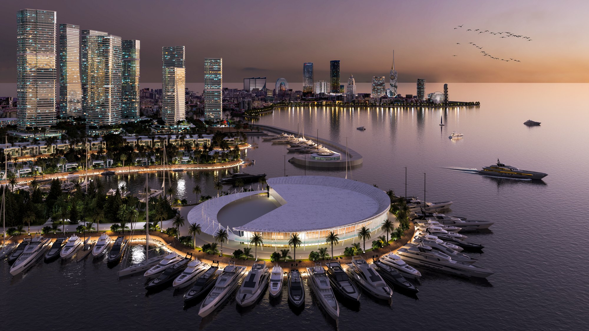 Ambassadori Island Batumi — yacht club at night, the island district of ONE PENINSULA by HOLM Developments