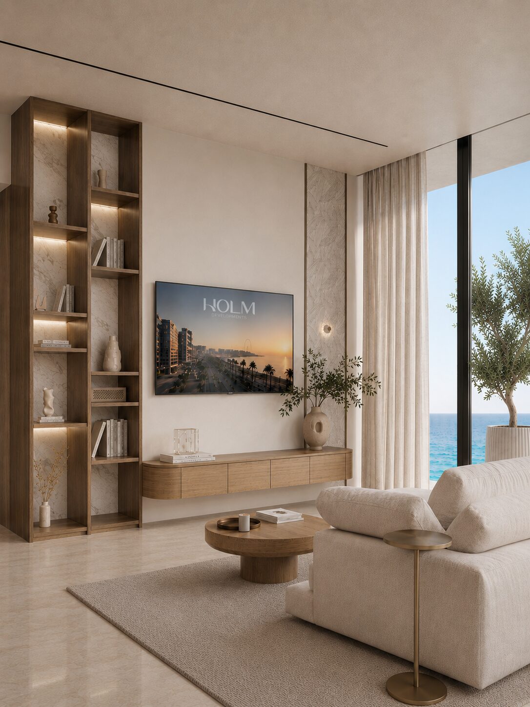 סלון עם נוף לים ONE PENINSULA Batumi by HOLM Developments — living room of a furnished apartment with floor-to-ceiling windows opening onto the sea