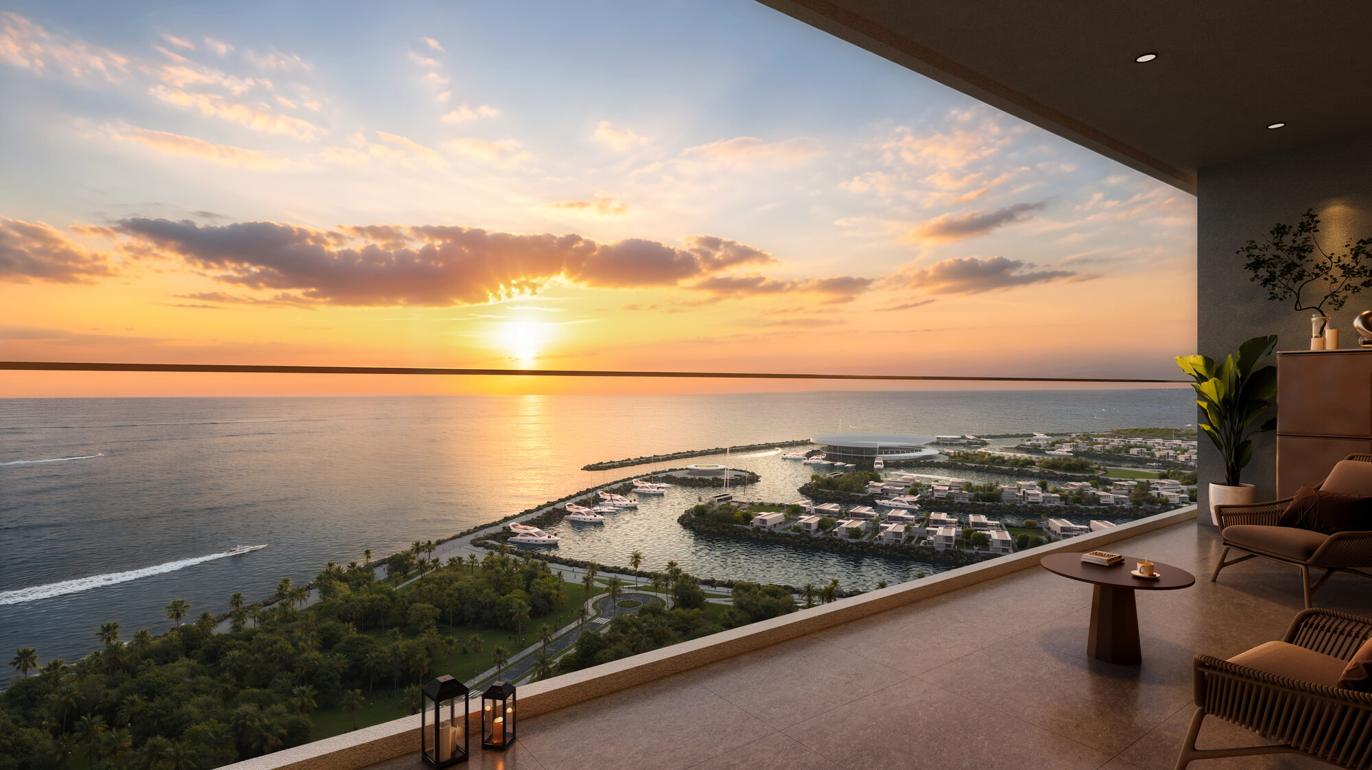 מרפסת פרטית בשקיעה ONE PENINSULA Batumi by HOLM Developments — private terrace at sunset overlooking the marina and the Black Sea in Batumi