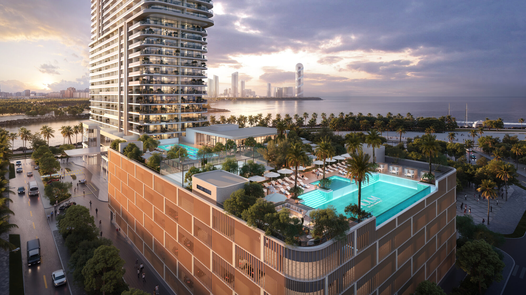 בריכת הגג ומתקני הפודיום ONE PENINSULA Batumi by HOLM Developments — rooftop pool deck and podium amenities at dusk facing the Black Sea