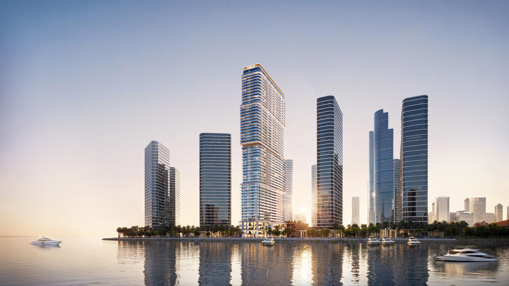 קו הרקיע מהמים ONE PENINSULA Batumi by HOLM Developments — Ambassadori Island skyline seen from the water with the full tower cluster