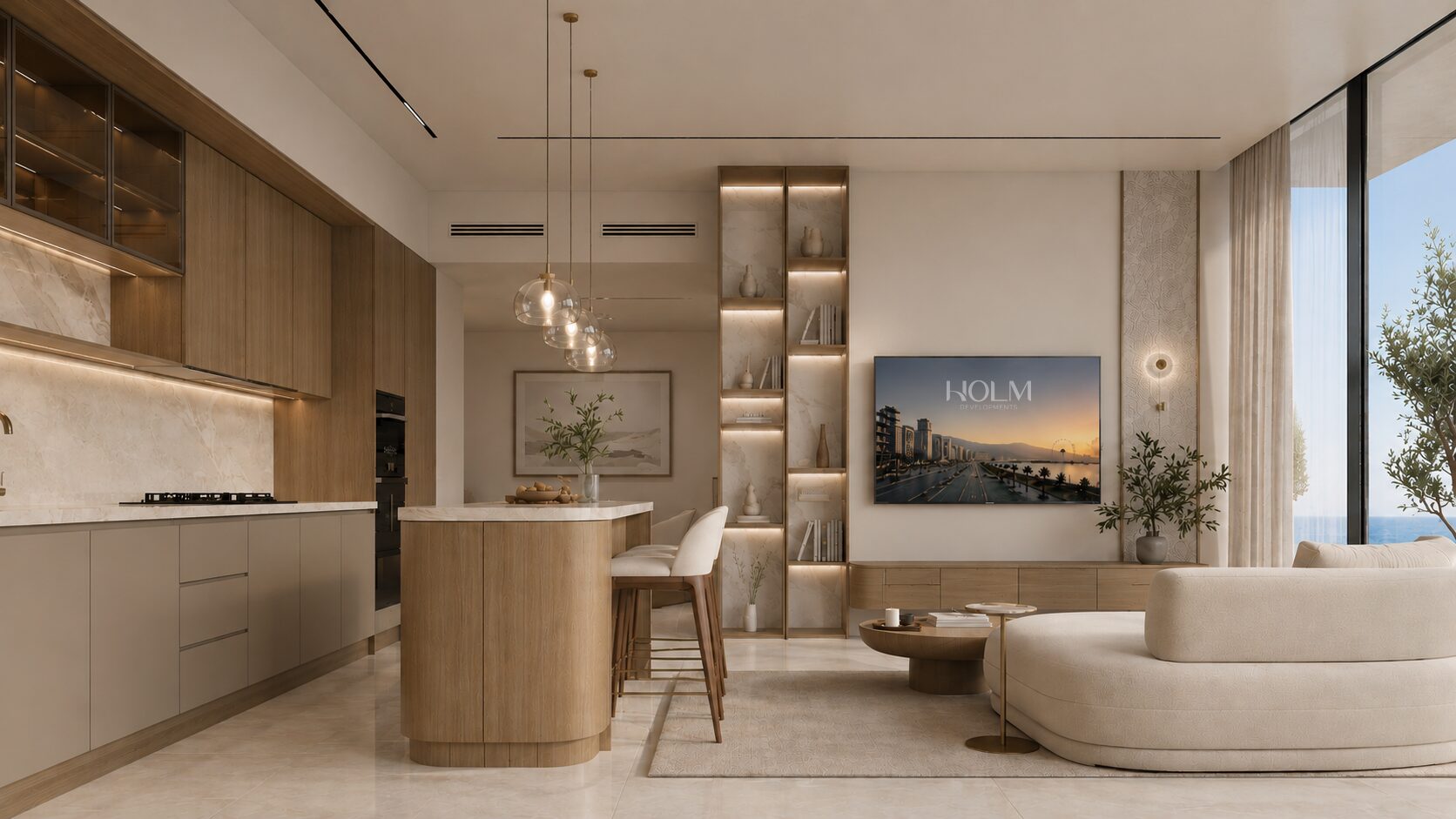 סלון מרוהט עם מטבח פתוח ONE PENINSULA Batumi by HOLM Developments — furnished apartment interior with open kitchen, island and living area in warm oak tones