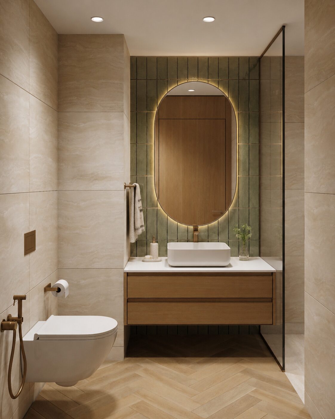 חדר האמבטיה של הדירה ONE PENINSULA Batumi by HOLM Developments — apartment bathroom with backlit mirror, marble vanity and herringbone flooring